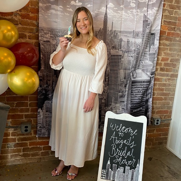 White Smocked Bodice Long Sleeve Dress - Picture 2 of 4